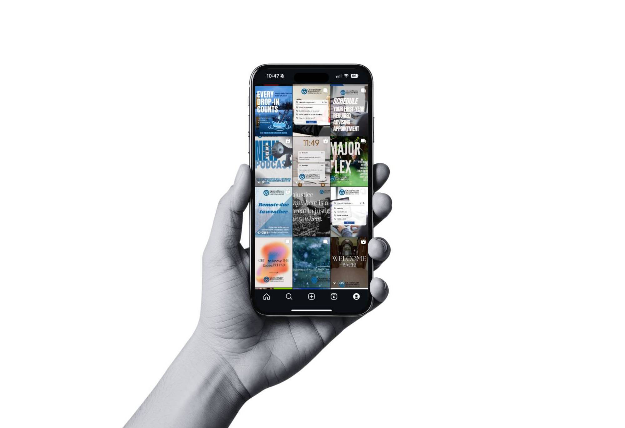 photo of a hand holding a smartphone, displaying the tiles from our CECI instagram page